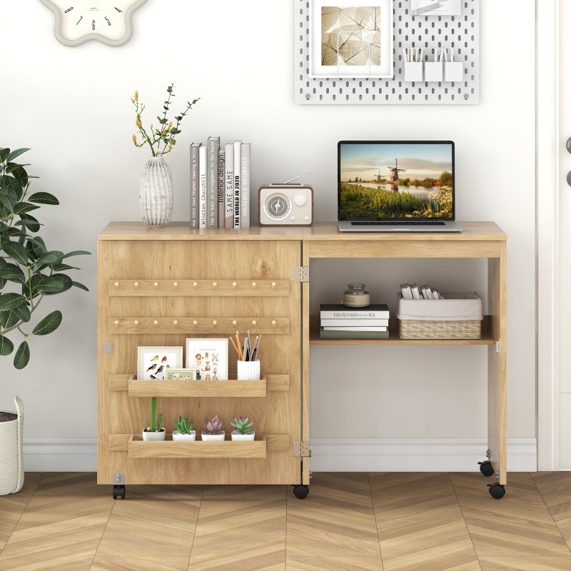 Taittuva ompelupöytä säilytyksellä ja lukittavilla pyörillä - luonnonväri