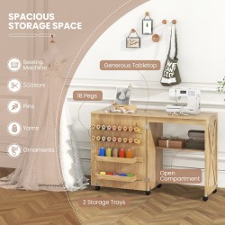 Taittuva ompelupöytä säilytyksellä ja lukittavilla pyörillä - luonnonväri