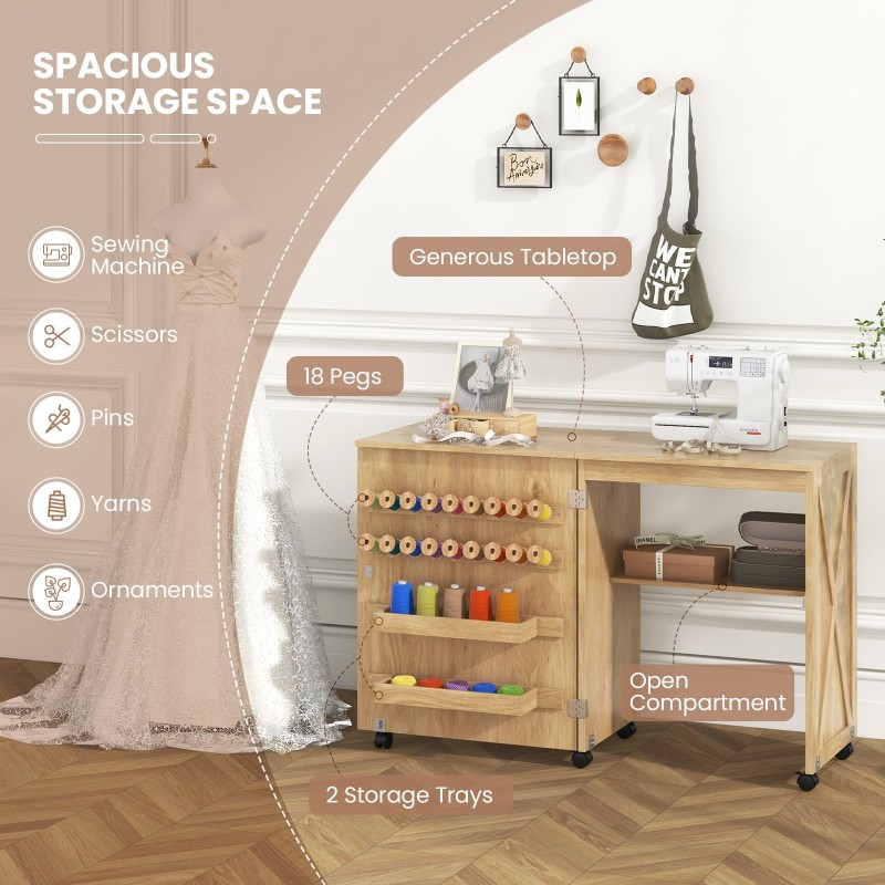 Taittuva ompelupöytä säilytyksellä ja lukittavilla pyörillä - luonnonväri