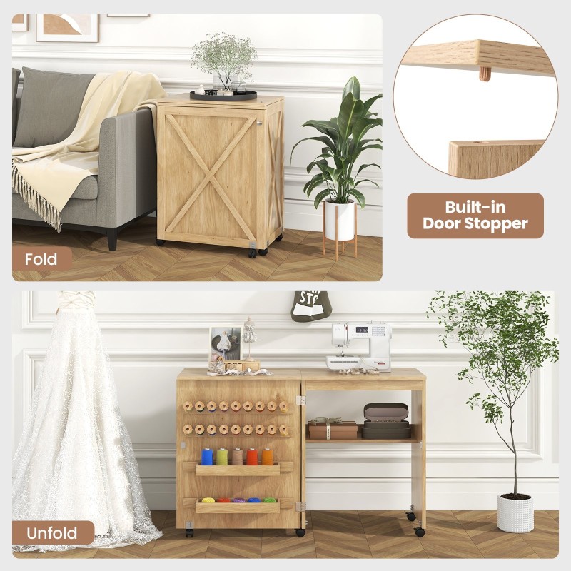 Taittuva ompelupöytä säilytyksellä ja lukittavilla pyörillä - luonnonväri