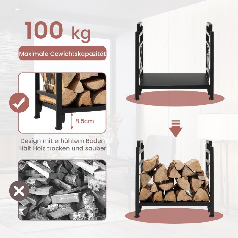 Metallinen kaminapuuteline hirvikuviolla ja kahvoilla, musta