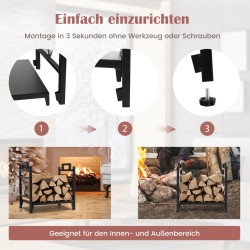 Metallinen kaminapuuteline hirvikuviolla ja kahvoilla, musta