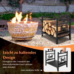 Metallinen kaminapuuteline säädettävillä jaloilla ja kahvoilla musta