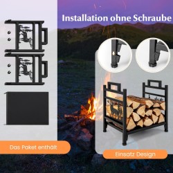 Metallinen kaminapuuteline säädettävillä jaloilla ja kahvoilla musta