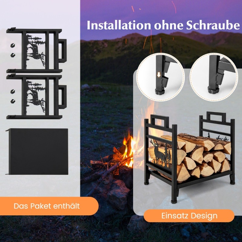 Metallinen kaminapuuteline säädettävillä jaloilla ja kahvoilla musta