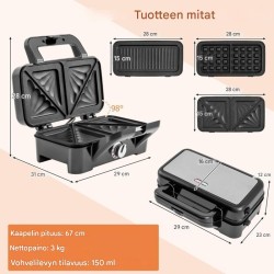 3-in-1 musta vohvelirauta vaihdettavilla levyillä ja lämpötilansäädöllä