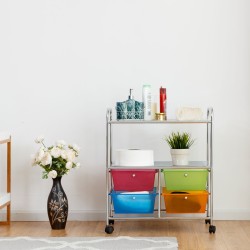 Monikäyttöinen värikäs rullakko neljällä laatikolla ja pyörillä