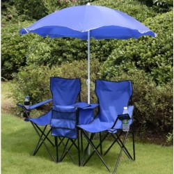Sininen taitettava parituoli aurinkovarjolla ja kantolaukulla