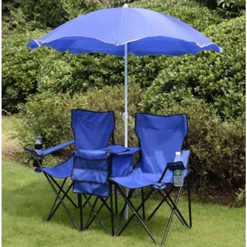 Sininen taitettava parituoli aurinkovarjolla ja kantolaukulla