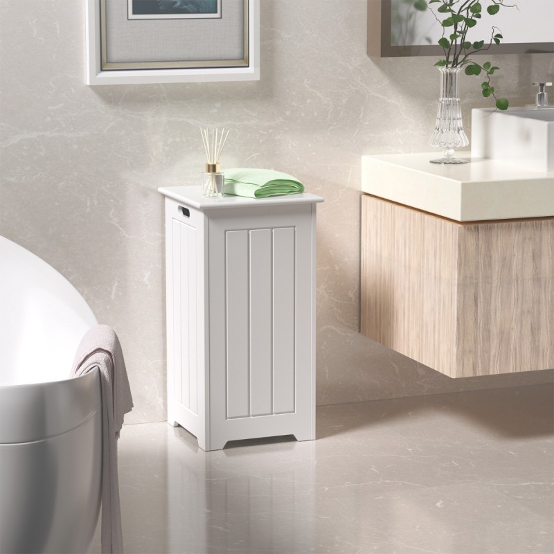 Valkoinen puinen pyykkikaappi nostettavalla kannella