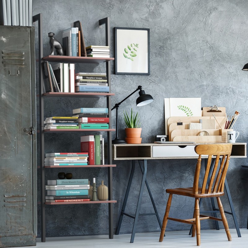 5-tasoinen ruskea tikashylly metallikehyksellä ja vintage-tyylillä