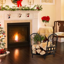 Teräksinen musta polttopuuhylly kahvoilla ja koristekuvioilla