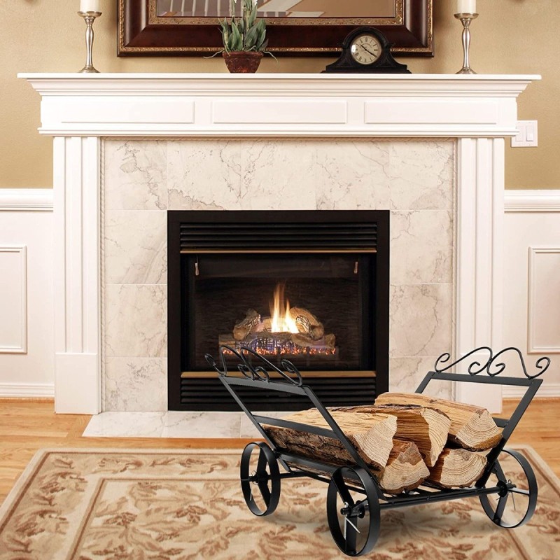 Vankka metallinen polttopuuteline pyörillä musta