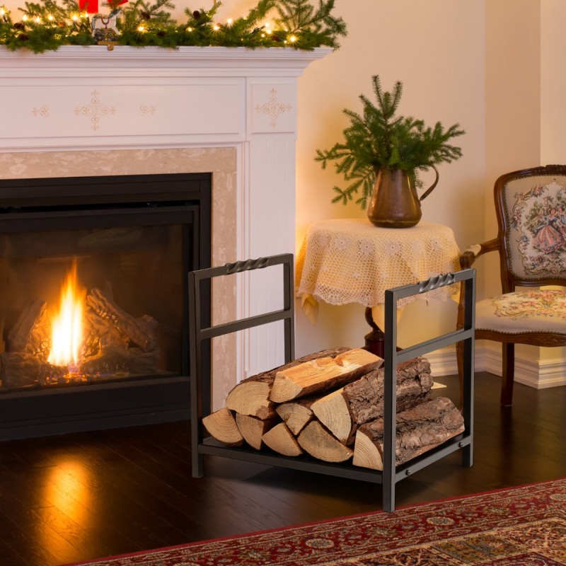 Musta teräksinen halkoteline kiinteällä pohjalla ja kahvoilla