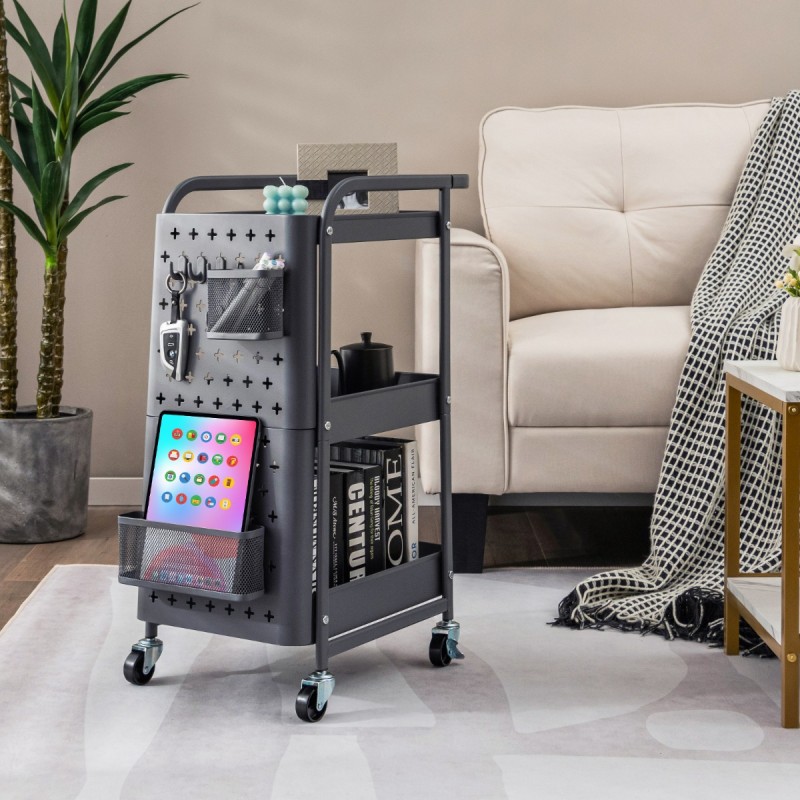 Kolmitasoinen harmaa rullakärry irrotettavilla pegboardeilla