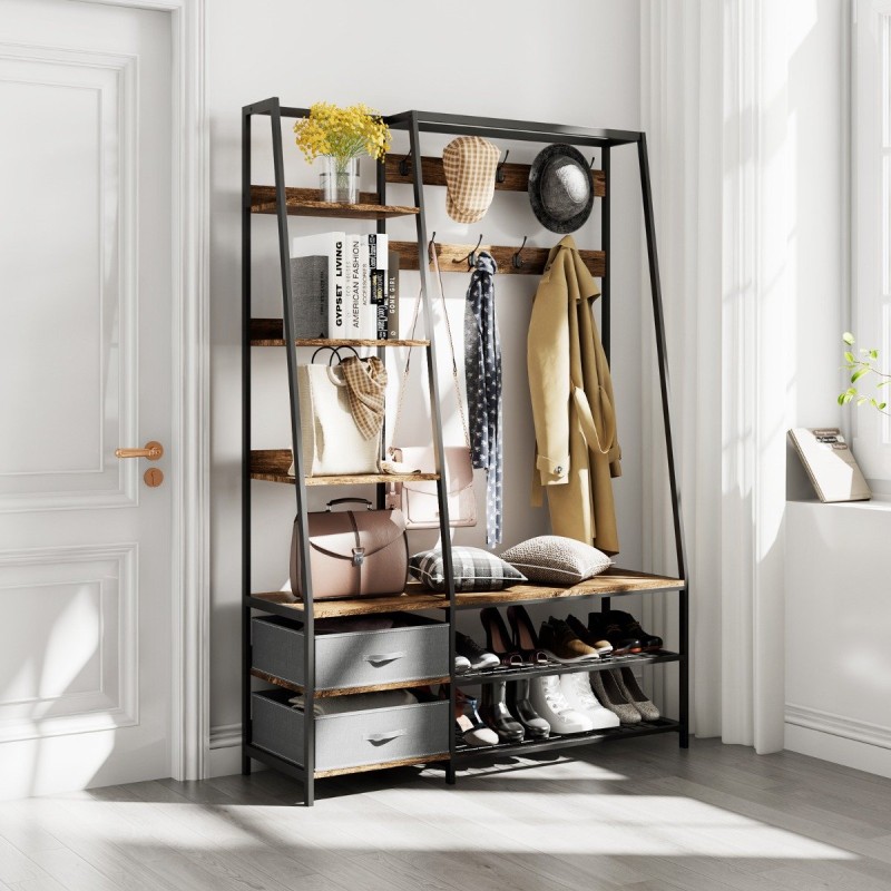 Monikäyttöinen ruskea naulakko 9 koukulla ja 6 hyllyllä