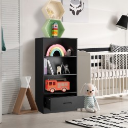 Musta puinen säilytyshylly laatikolla ja kolmella avohyllyllä