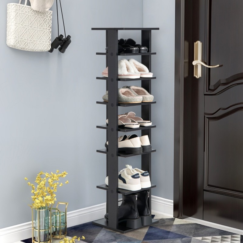 Musta pystysuuntainen kenkäteline 7 hyllyllä