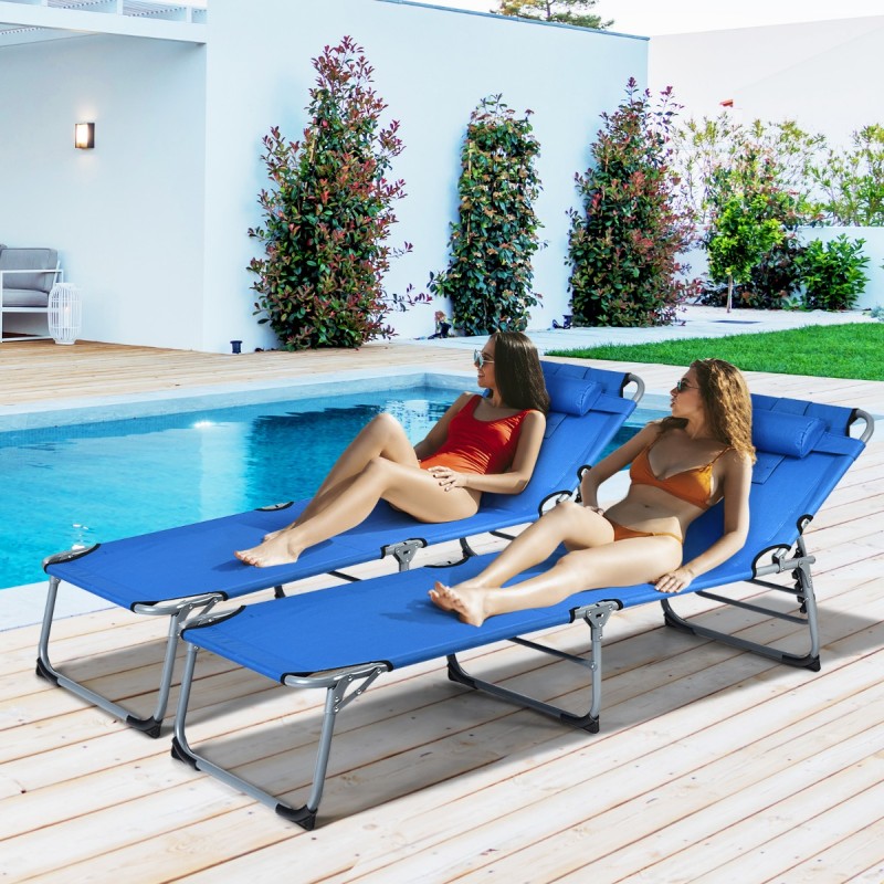 Taitettava sininen aurinkotuoli säädettävällä selkänojalla ulkokäyttöön