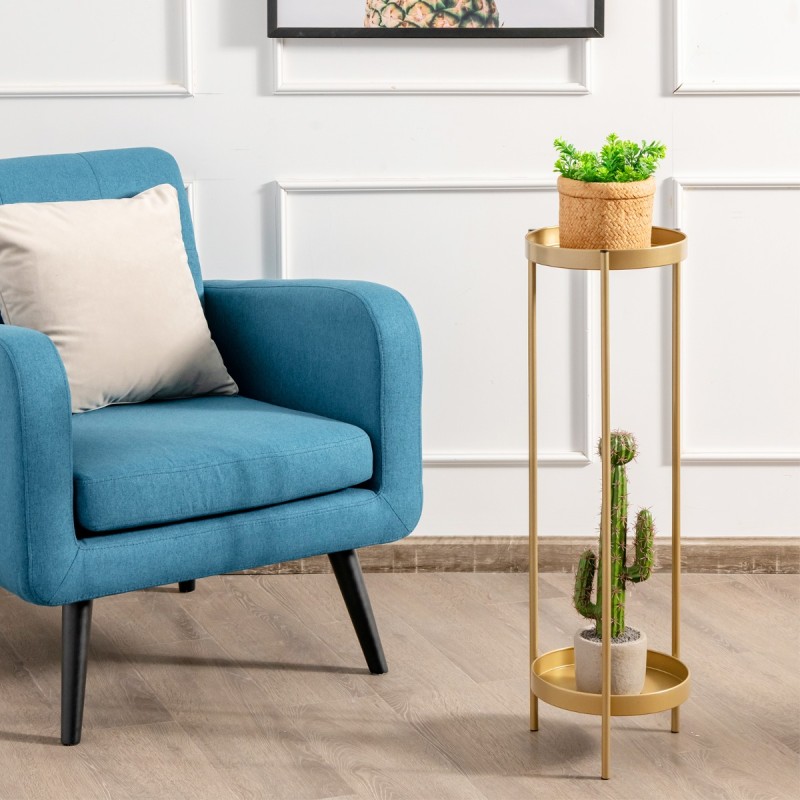 Kaksitasoinen metallinen kukkateline irrotettavilla tarjottimilla - kultainen