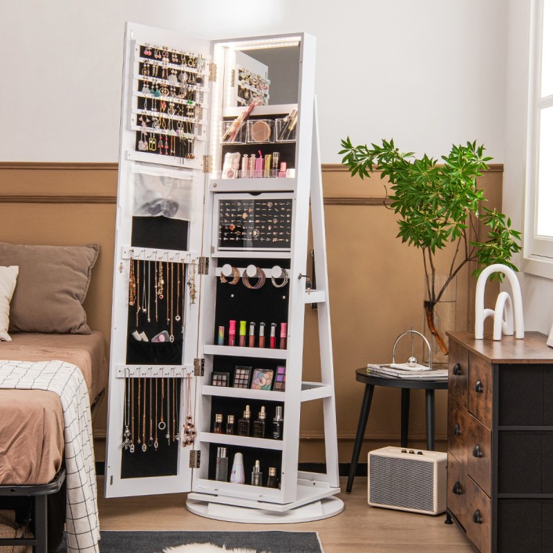 Pyörivä valkoinen korukaappi peilillä ja LED-valoilla