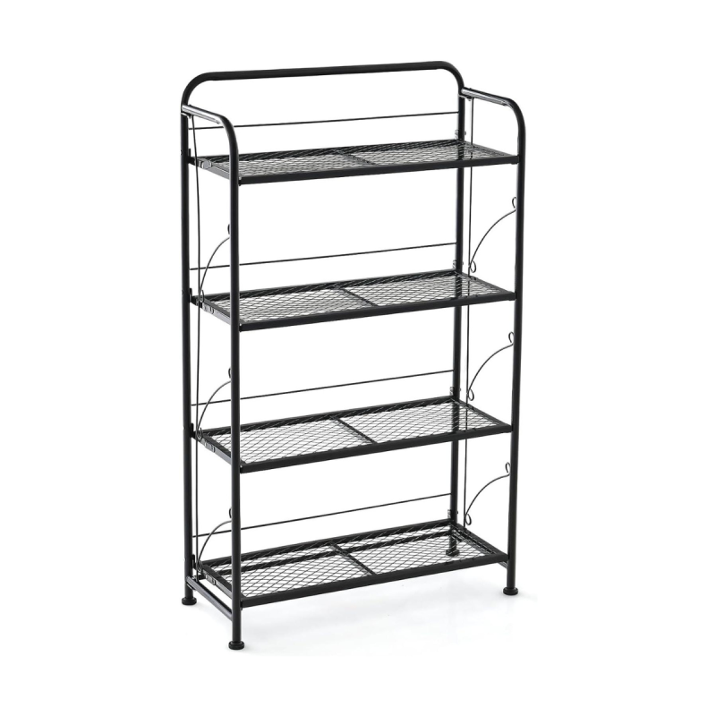 Taittuva nelitasoinen musta metallinen kasviteline säädettävillä hyllyillä