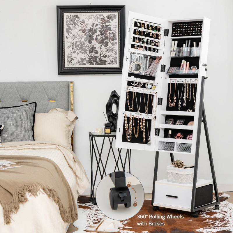 Liikuteltava lukittava korukaappi kokovartalopeilillä - valkoinen