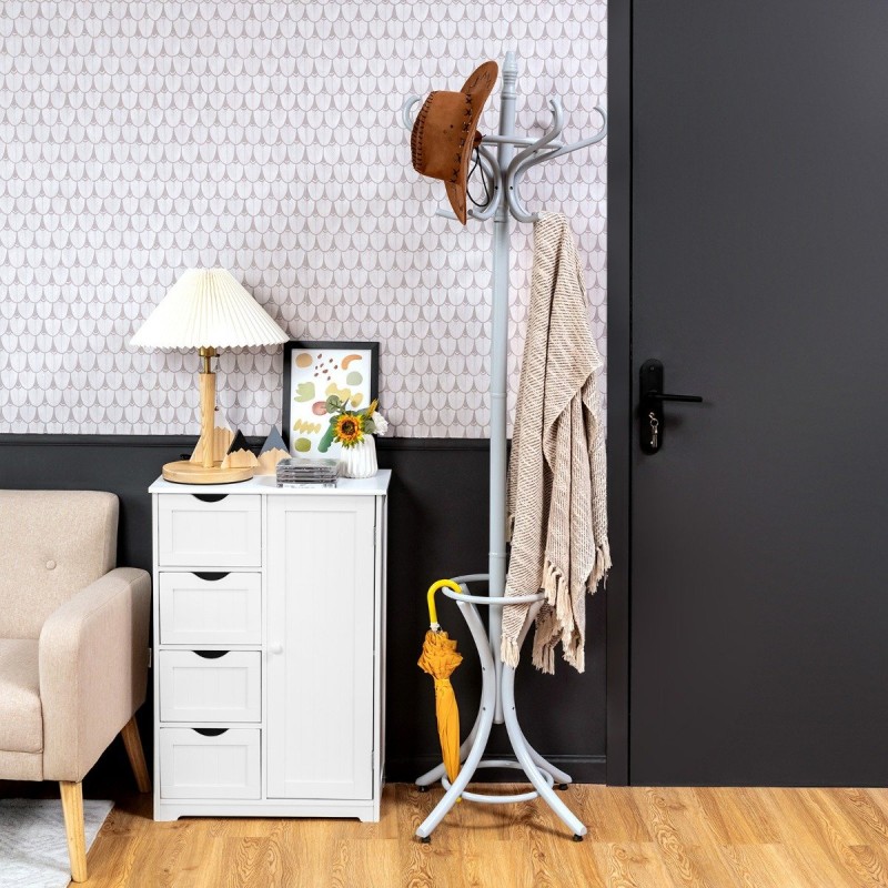 Vapaasti seisova harmaa naulakko 12 koukulla ja sateenvarjotelineellä