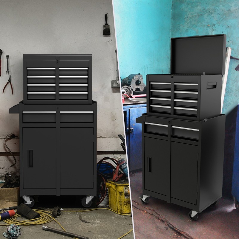 Suurikapasiteettinen musta työkalukaappi lukittavilla pyörillä