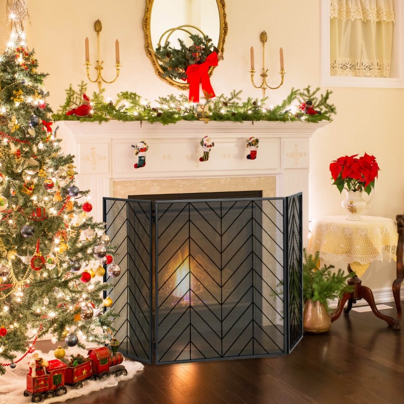 Taitettava musta metallinen 3-paneelinen takkasuoja joustavilla saranoilla