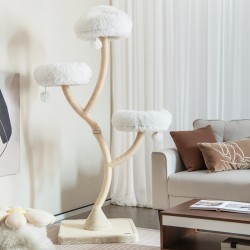 Korkea beige kissanpuu sisal-raapimistolpilla ja plyysityynyillä