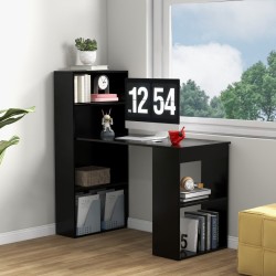 Moderni musta 3-in-1 puinen tietokonepöytä 6-tasoisella hyllyllä