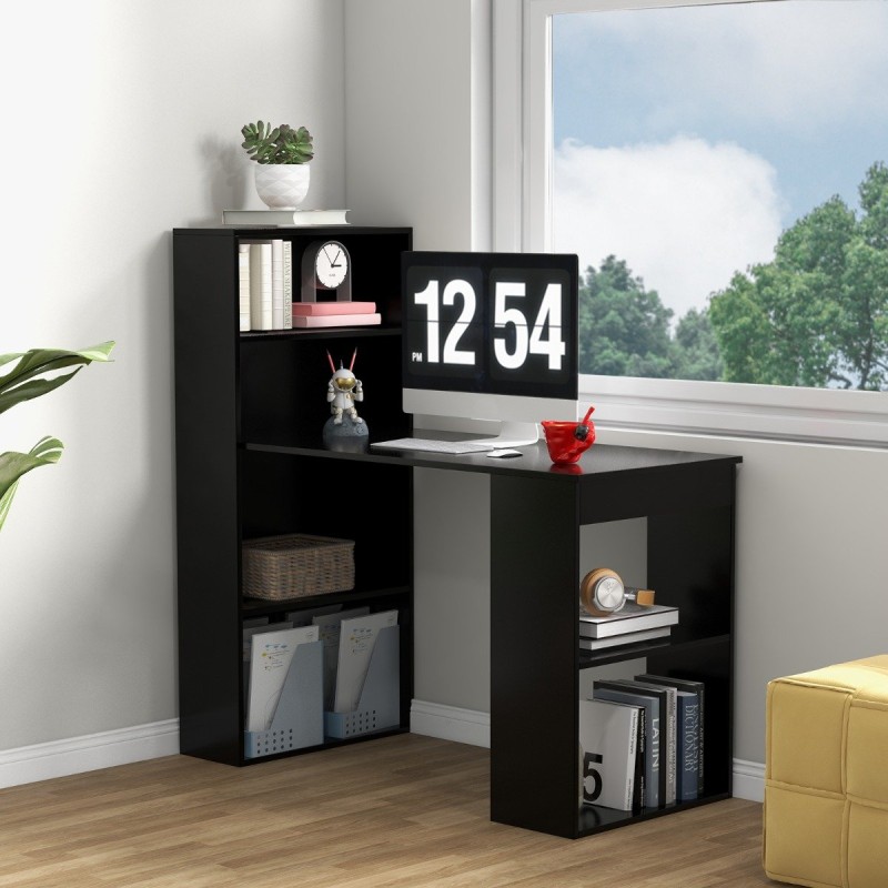 Moderni musta 3-in-1 puinen tietokonepöytä 6-tasoisella hyllyllä
