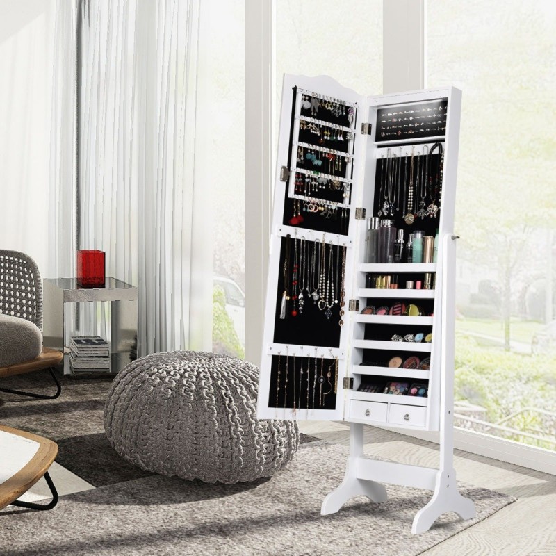 Valkoinen vapaasti seisova korukaappi säädettävällä peilillä ja valoilla