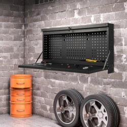 Seinään kiinnitettävä musta taittuva työpöytä työkalutaululla