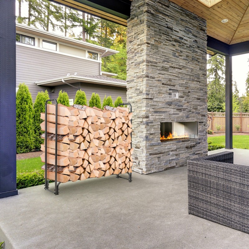 Metallinen kaminapuun säilytyshylly vedenpitävällä suojuksella musta