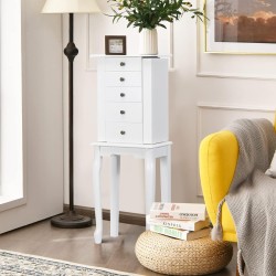 Valkoinen vapaasti seisova korukaappi peilillä ja sivuovella