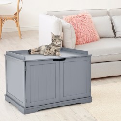 Harmaa monikäyttöinen kissatalo yöpöydäksi ja leikkipaikaksi