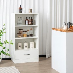 Valkoinen puinen kirjahylly laatikolla ja 3 avointa hyllyä