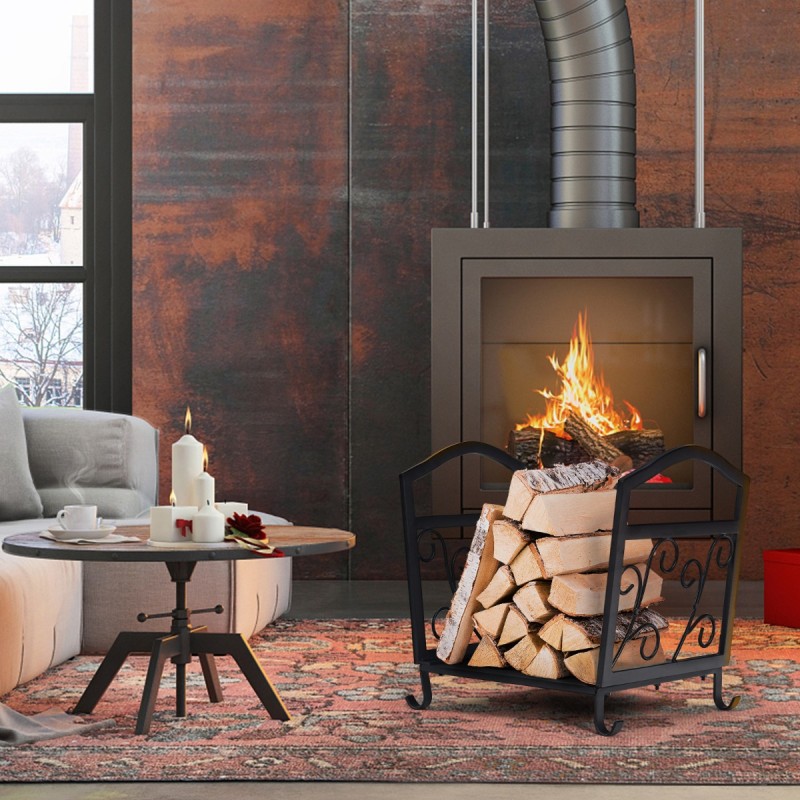 Kompakti musta metallinen polttopuuteline koristeellisilla kuvioilla