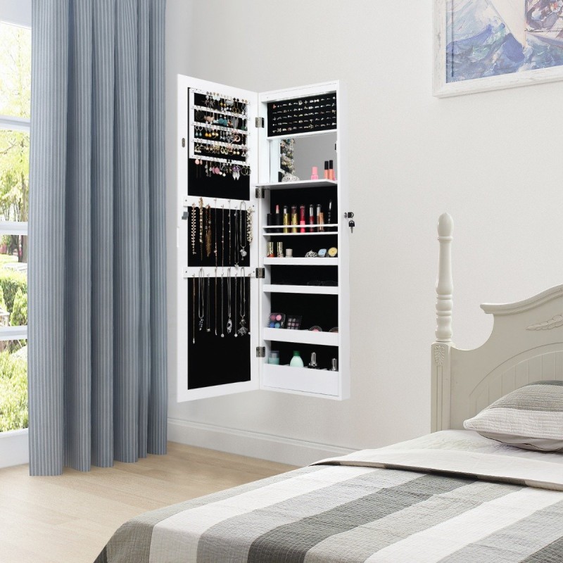 Valkoinen LED-korukaappi peilillä ja lukittavalla ovella