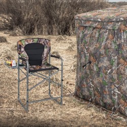 Taitettava metsästystuoli maastokuvioinnilla ja sivupöydällä