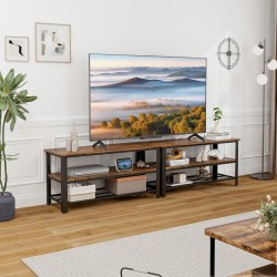 Kolmitasoinen tv-taso avohyllyillä ja metallirungolla rustiikkinen ruskea