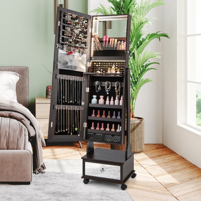 Seisova korukaappi peilillä ja LED-valoilla