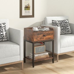 Rustiikkinen ruskea yöpöytä latausasemalla ja säilytystilalla