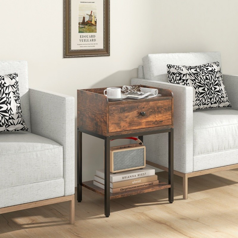 Rustiikkinen ruskea yöpöytä latausasemalla ja säilytystilalla