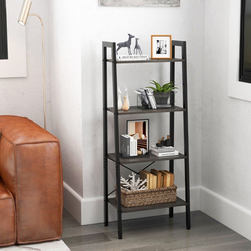 Ruskea 4-tasoinen teollinen kirjahylly metallirungolla