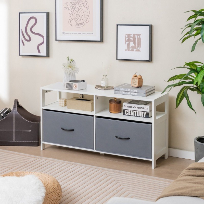 Valkoinen kangaslipasto 2 laatikolla ja 2 avohyllyllä