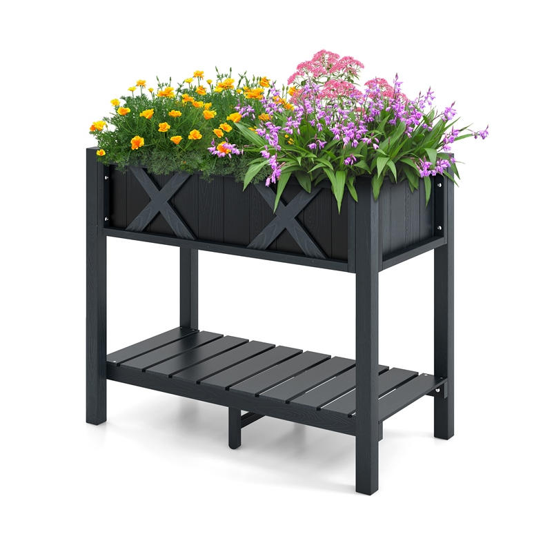 Kohotettu puutarhapenkki säilytyshyllyllä ja vedenpoistoaukoilla - musta