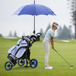 Kolmipyöräinen sininen golfkärry sateenvarjotelineellä ja istuimella